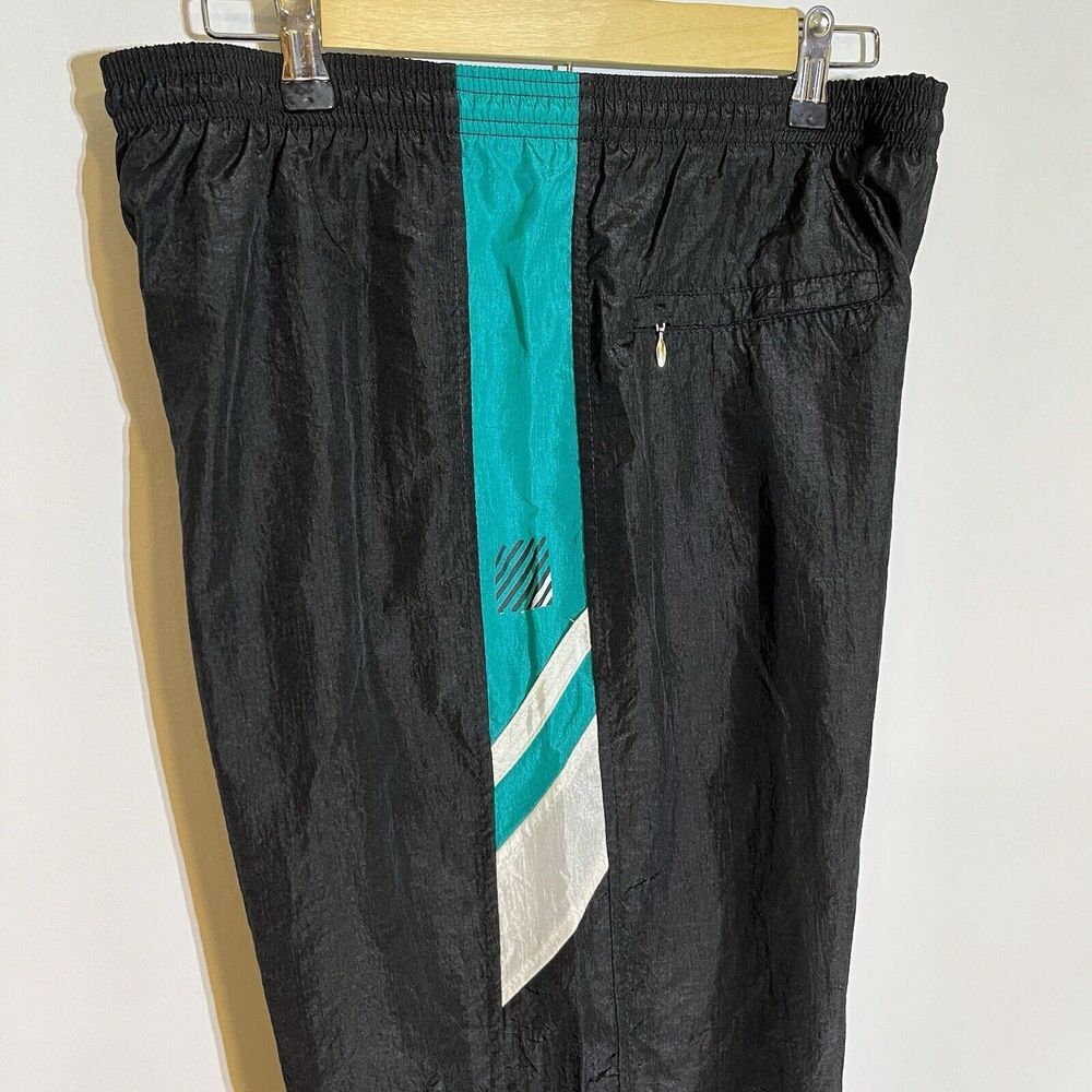 Vintage Nylon Windpants Black Green‎ Side Stripe Sunbuster Women's L Ankle Zip